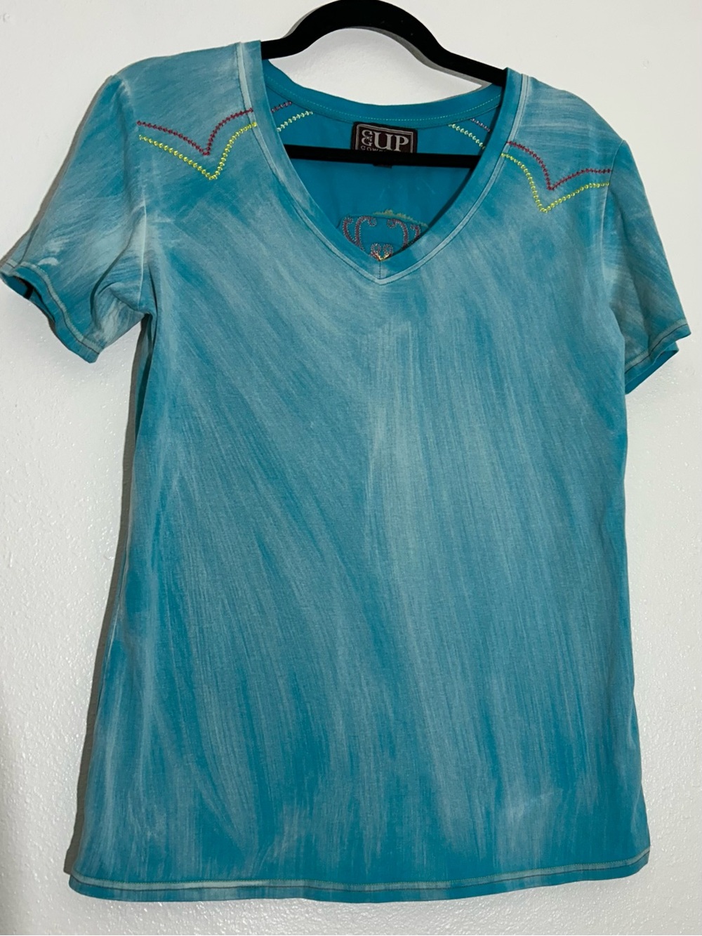 Women's Teal V-Neck Short Sleeve Tee with Shoulder Embroidery